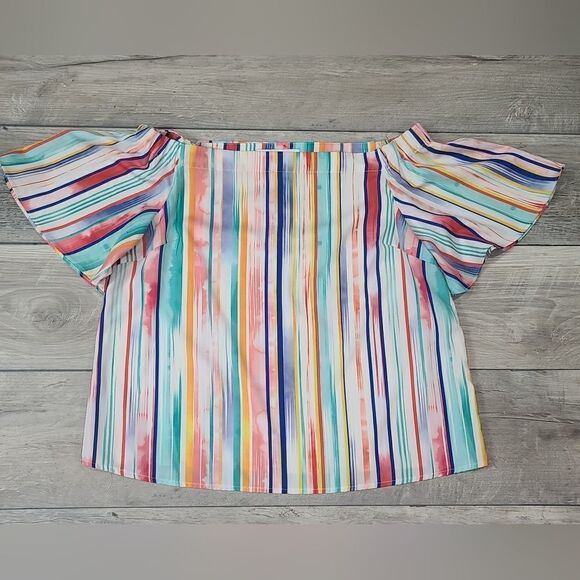 Do + BE Colorful Off Shoulder Silky Vertical Stripes Top - Picture 5 of 14